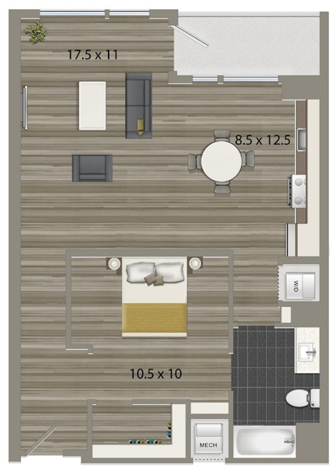 Floor plan for 1 bed, 1 bath, 787 sqft